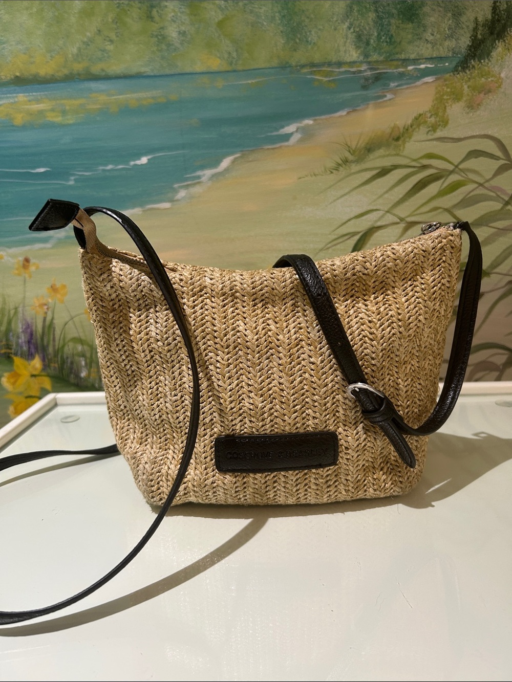 Cosgrove & Beasley Woven Boho Tan Crescent Crossbody Bag